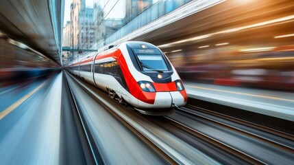 Fototapeta premium High-Speed Train in Motion at Urban Train Station