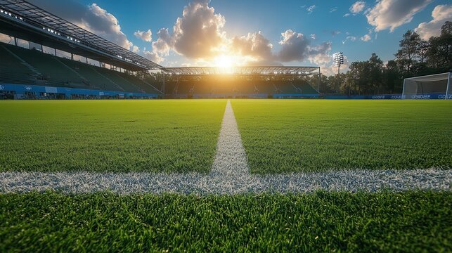 Sunset Over Football Field with Lush Green Grass