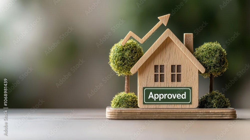 Poster artistic view of a house with a rising arrow labeled interest rate and a green 