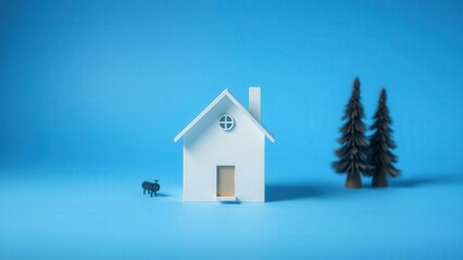 Charming Miniature Winter Cottage with Deer and Pine Trees on a Calming Blue Background, Perfect for Home Decor or Gift