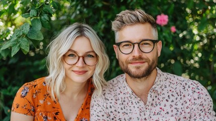 Fototapeta premium Caucasian american man and woman are posing for a picture. The woman is wearing an orange shirt and the man is wearing glasses. Scene is happy and friendly