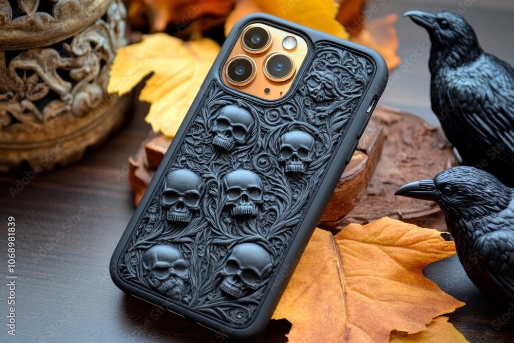 Poster a gothic-inspired phone case with intricate patterns of skulls and ravens, set against a deep, dark 