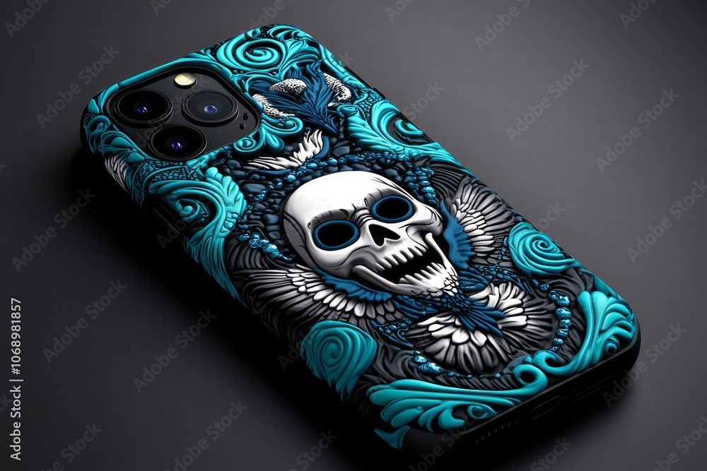 Poster a gothic-inspired phone case with intricate patterns of skulls and ravens, set against a deep, dark 