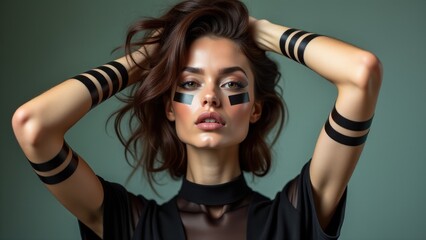 Modern body art with black tape accents on arms and face, creating a bold look. Perfect for high-fashion editorials and unique styling