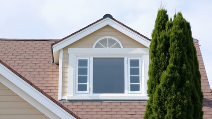 Obraz premium Charming House Exterior with Elegant Window and Lush Green Tree, Perfect for Home Decor and Real Estate Marketing