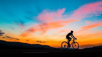 Fototapeta premium Silhouette of Cyclist Against Vibrant Sunset Sky