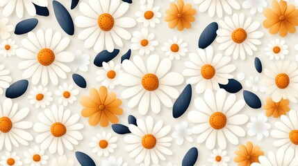 Colorful floral pattern with white daisies, orange flowers, and dark blue leaves on a light background
