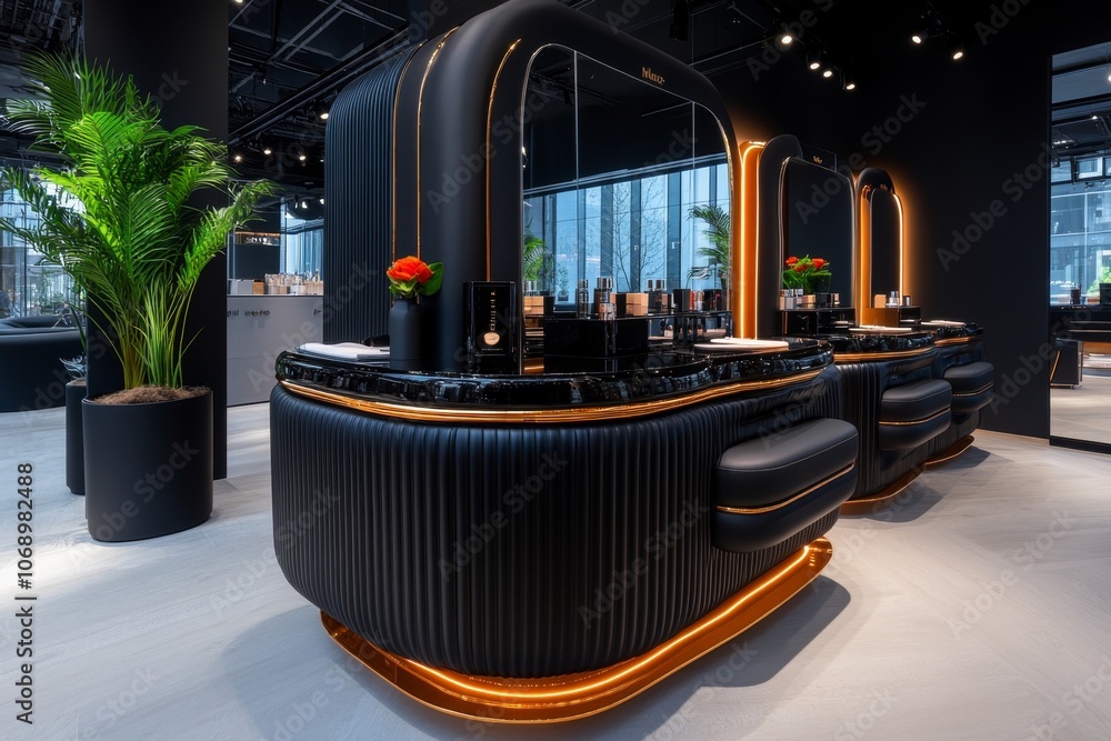 Poster a high-tech vanity with holographic displays of skincare routines and virtual try-on makeup, showing