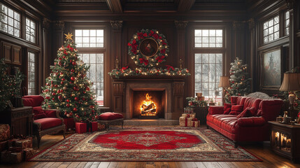 Obraz premium festive holiday decor: Christmas Fireplace and Decorations creates warm joyful holiday atmosphere