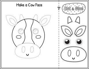 Make a cow face black and white game for kids. Cut and glue educational activity page in outline. Matching game with farm animal. Vector illustration