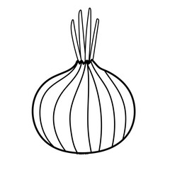 Black and white onion in cartoon style isolated element. Vegetables clipart in outline. Great for coloring page. Vector illustration