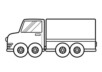 Black and white truck in cartoon style. Hand drawn delivery car isolated element in outline. Vector illustration