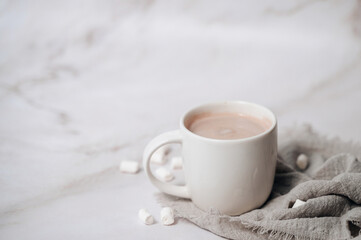 cup of hot cocoa with marshmallows, warm winter drink