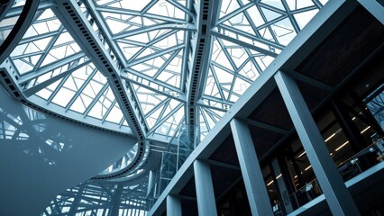 Modern Architectural Marvel: Stunning Interior Design of a Futuristic Building with Blue Steel Beams and Glass Ceilings