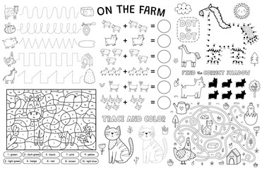 On the farm placemat with cute animals. Farm activity mat for kids with color by number, maze, dot to dot, math, trace the lines games. Vector illustration