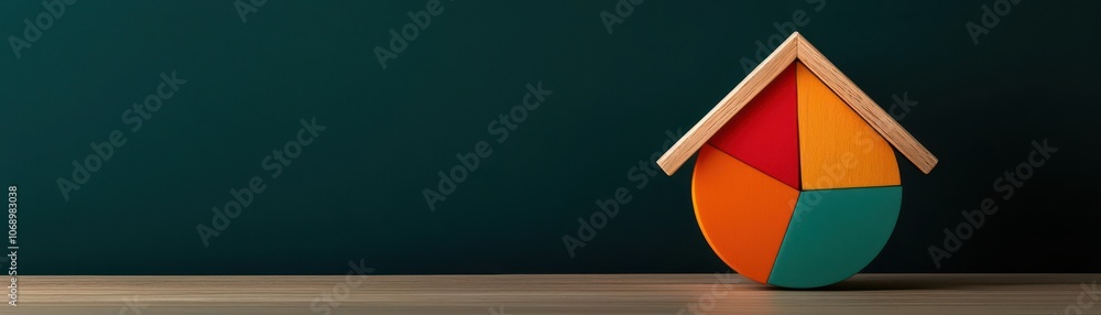 Poster artistic view of a house model with a pie chart showing percentages of principal and interest over t