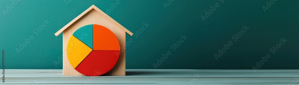 Poster artistic view of a house model with a pie chart showing percentages of principal and interest over t