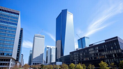 Fototapeta premium Modern Skyscrapers in Blue Sky Urban Landscape, Perfect for Cityscape Wall Art or Architectural Design Inspiration
