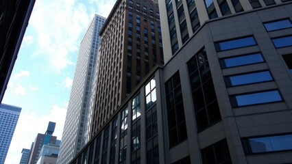 Obraz premium Modern Skyscraper Cityscape: Towering Office Against Blue Sky, Perfect for Urban Landscape Art or Architectural Design Inspiration