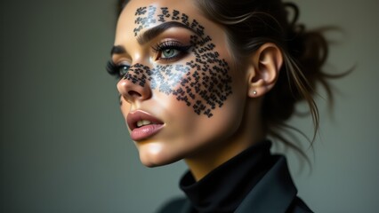 Striking makeup with black dots under the eyes, ideal for high-fashion and avant-garde photo shoots. Adds a creative flair to beauty portraits