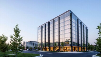 Obraz premium Modern Office Building at Sunset: Ideal for Businesses Seeking Professional and Sleek Workspaces