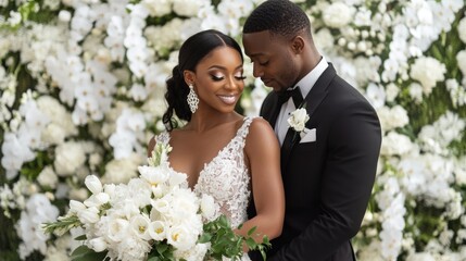 A couple poses romantically in formal attire against a floral backdrop at their wedding.