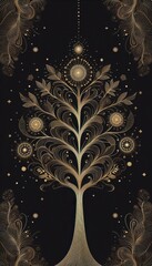Black wallpaper with gold tree design
