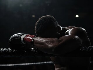 The boxer leans heavily on the ropes, the arena dim, the crowd in stunned silence
