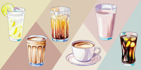 "Watercolor Illustration of Five Beverages in Different Glasses"