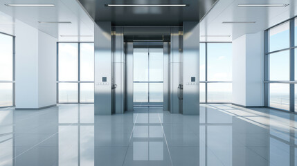 Modern Office Building Entrance with Glass Doors