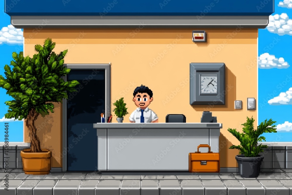 Poster a pixel art character in office attire, with a tiny briefcase and dress shoes, creating a playful an