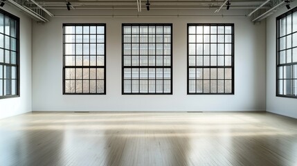 Obraz premium Spacious empty room with large industrial-style windows, abundant natural light, wooden flooring, and exposed ceiling pipes creating a bright and modern atmosphere.