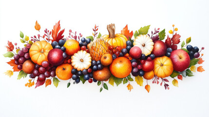 Thanksgiving Day, vibrant cornucopia filled with autumn fruits and colorful leaves, showcasing pumpkins, apples, grapes, and seasonal foliage, creating warm, festive atmosphere