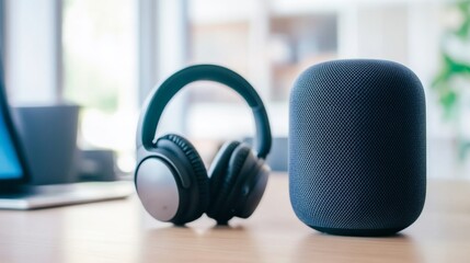 Modern Speaker and Headphones on Wooden Table