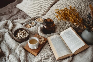 Cozy Autumn Still Life: Tea, Book, and Supplements