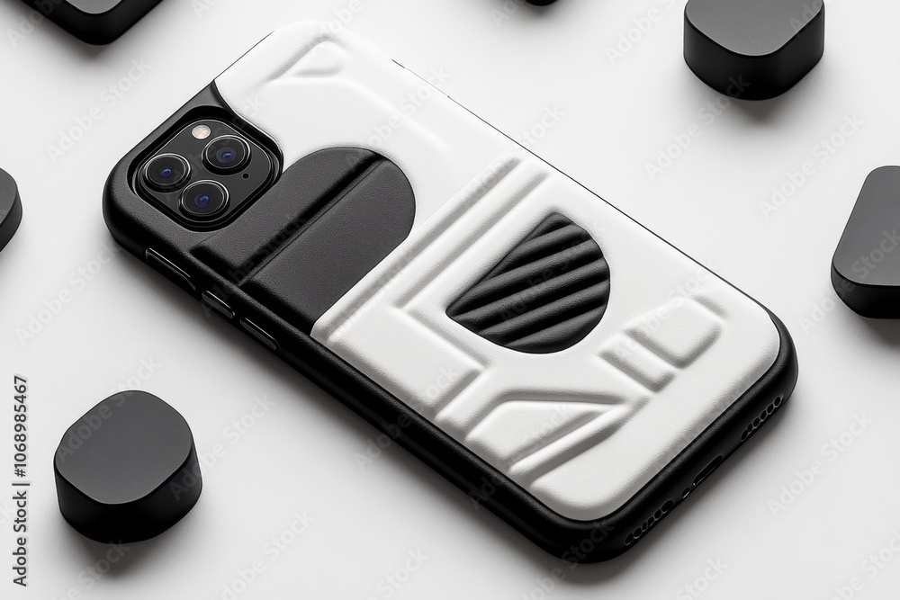 Aufkleber a simple phone case design with monochrome geometric shapes, set against a plain white background fo