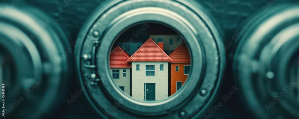Poster artistic depiction of a bank vault filled with small house models, representing property collateral 