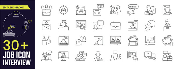 Job Interview Stroke icon collections. Containing recruitment, Feedback, resource, hr, cv, collection, recruit, candidate, hire, linear, resume, and Interview icons. Editable Stroke icon collection