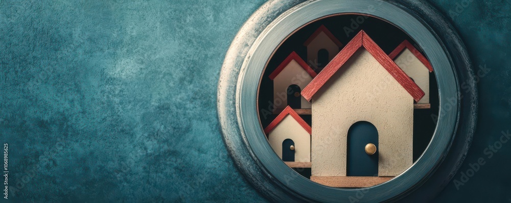 Poster artistic depiction of a bank vault filled with small house models, representing property collateral 