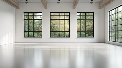 Modern interior with large floor-to-ceiling windows showcasing a view of lush green trees, with natural light streaming into the empty minimalist space with white walls and wooden beams.