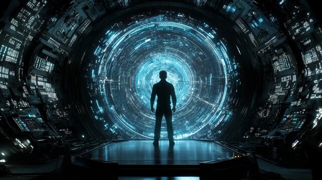 Futuristic Sci Fi Tunnel with Glowing Portal and Man Silhouette