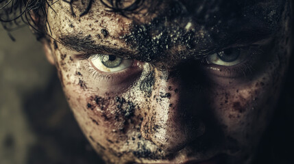 Grime-Covered Face, Intense Gaze, Soot, Dirty, Close-up