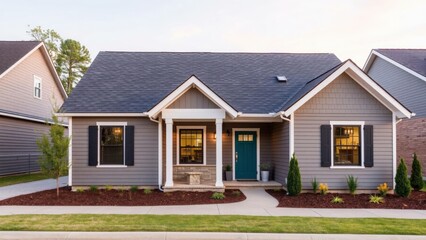 Modern Gray Exterior House with Blue Door and Warm Lighting, Perfect for Real Estate Advertising