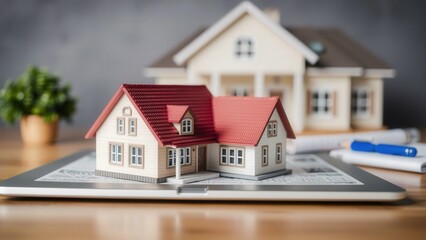 Miniature House Model with Blueprints and Pencil, Perfect for Real Estate Marketing and Home Decor Inspiration