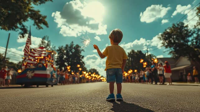  Bustling July 4th parade on small-town street, with floats in American flags, kids with sparklers, and veterans marching; community dressed in red, white, and blue, creating unity and joy.