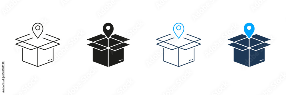 Poster order location line and silhouette icon set. pointer with box, shipping sign. pick up package icon. 