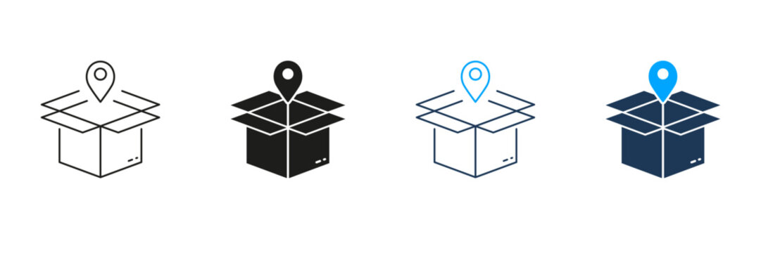 Order Location Line and Silhouette Icon Set. Pointer with Box, Shipping Sign. Pick Up Package Icon. Delivery Service Pictogram. Receive Parcel Place. Editable Stroke. Isolated Vector Illustration