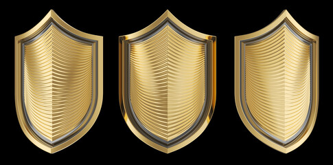 Golden shield. 3d illustration set isolated on black