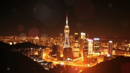 Fototapeta premium Stunning Night View of City Skyline with Illuminated Skyscrapers and Towering, Perfect for Wall Art or Digital Background