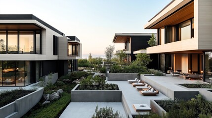 Fototapeta premium Modern luxury residential complex with large glass windows, expansive terraces, landscaped gardens, and outdoor seating areas under a clear sky.